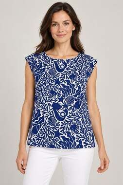 Emily and Fin Womens S UK 10 Blue White Seashell Seahorse Blouse Cap Sleeve Top